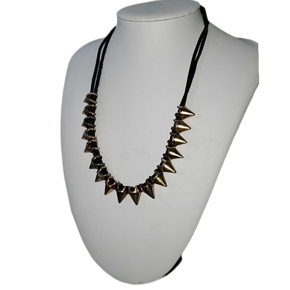 16" Gothic Spike Necklace Black Cords Golden Pointed Bullet-Tip Silver Tone